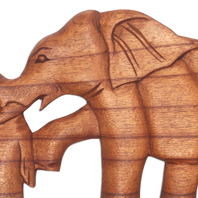 Wood wall panel, 'Hand in Hand' - Wood Elephant Relief Panel