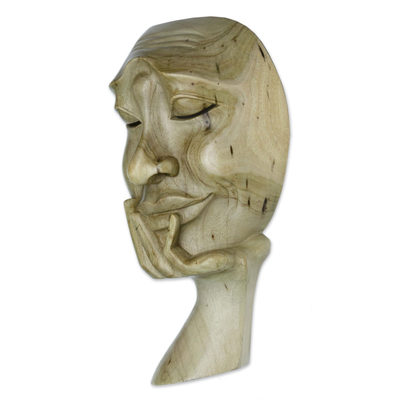 Wood sculpture, 'Man in Thought II' - Unique Dark Hibiscus Wood Face Sculpture