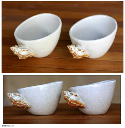 Ceramic teacups, 'Seashells (pair) - White Ceramic Teacups (Pair)