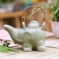 Ceramic teapot, 'Elephant Green Tea' - Indonesian Ceramic Teapot