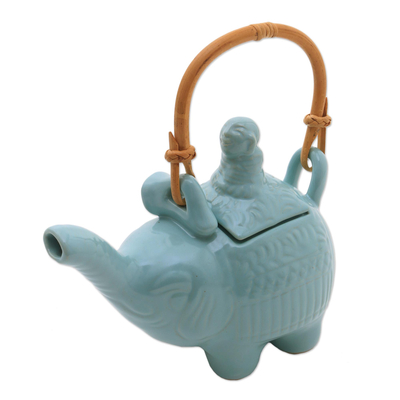 Tetera de cerámica, 'Buda y el Elefante Turquesa' - Tetera de cerámica azul hecha a mano 