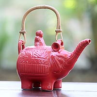 Tetera de cerámica, 'Buda y el elefante rubí' - Tetera de cerámica indonesia hecha a mano