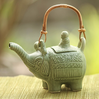 Ceramic teapot, 'Buddha and the Jade Elephant' - Artisan Crafted Ceramic Teapot