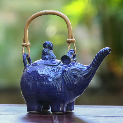 Ceramic teapot, 'Buddha and the Sapphire Elephant' - Handcrafted Ceramic Teapot