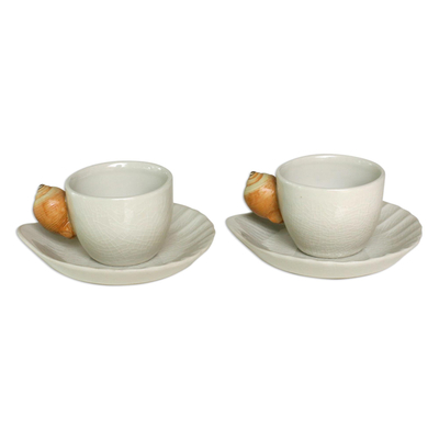 Keramische Teetassen und Untertassen, 'White Beach' (Paar) - Handgefertigte Keramik-Teetassen und Untertassen (Paar)