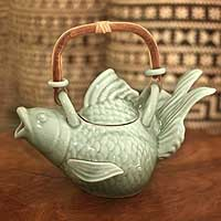 Stoneware teapot, 'Green Fish Legend' - Stoneware teapot