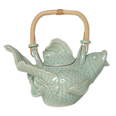 Stoneware teapot - Green Fish Legend | NOVICA