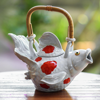 Stoneware teapot - Mottled Red Fish Legend | NOVICA