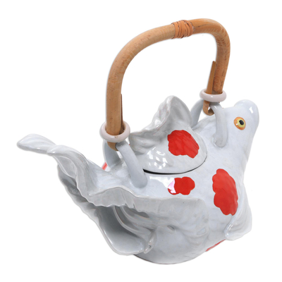 Stoneware teapot, 'Mottled Red Fish Legend' - Stoneware teapot