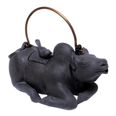 Stoneware ceramic teapot, 'Buffalo and Bird Friends' - Ceramic Coffee Teapot