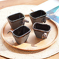 Stoneware ceramic tea cups, 'Golden Dragon' (Set of 4) - Stoneware ceramic tea cups (Set of 4)