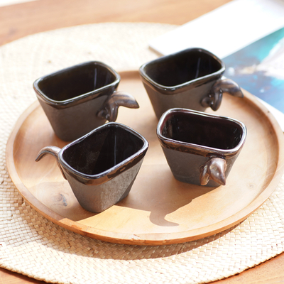 Stoneware ceramic tea cups, 'Golden Dragon' (Set of 4) - Stoneware ceramic tea cups (Set of 4)
