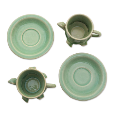 Stoneware ceramic cup, 'Tea-Time Turtles' (pair) - Green Ceramic Cups and Saucers (Pair)