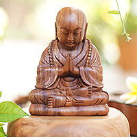 Wood sculpture, 'Little Buddha Praying' - Unique Buddhism Wood Sculpture