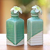 Ceramic oil bottles, 'Frangipani' (pair) - Celadon Ceramic Green Floral Oil Bottles (Pair)