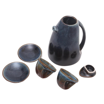 Teeservice aus Steingutkeramik, 'Blue Vortex - Modernes Keramik-Teeservice aus fairem Handel