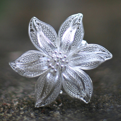 Sterling silver brooch pin, 'Tiger Lily' - Filigree Flower Sterling Silver Brooch Pin