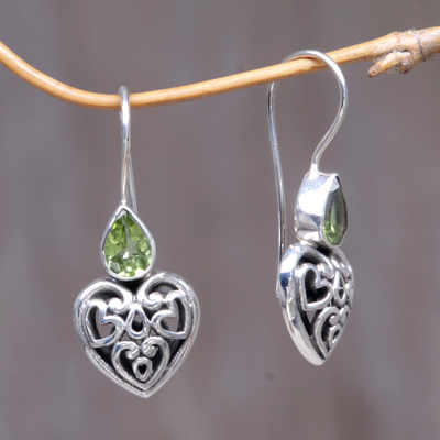Peridot dangle earrings, 'Heart's Desire' - Peridot Sterling Silver Heart Shaped Earrings