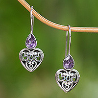 Sterling silver dangle earrings, 'Heart's Desire' - Sterling Silver and Amethyst Drop Earrings from Indonesia