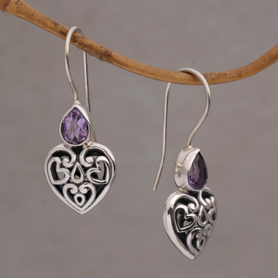 Sterling silver dangle earrings, 'Heart's Desire' - Sterling Silver Amethyst Heart Earrings