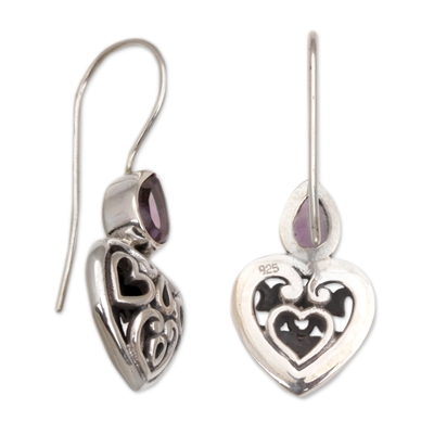 Sterling silver dangle earrings, 'Heart's Desire' - Sterling Silver Amethyst Heart Earrings