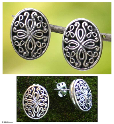 Sterling silver flower earrings, 'Nature's Shields' - Sterling silver flower earrings