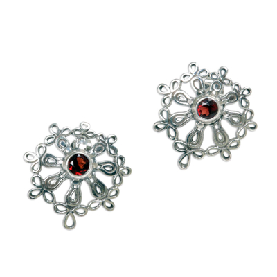 Floral Sterling Silver Garnet Button Earrings