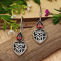 Garnet earrings, 'Heart's Desire' - Handcrafted Sterling Silver and Garnet Womens Heart Earrings