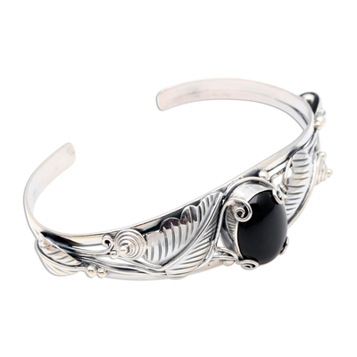 Floral Onyx Sterling Silver Cuff Bracelet - Black Lily | NOVICA