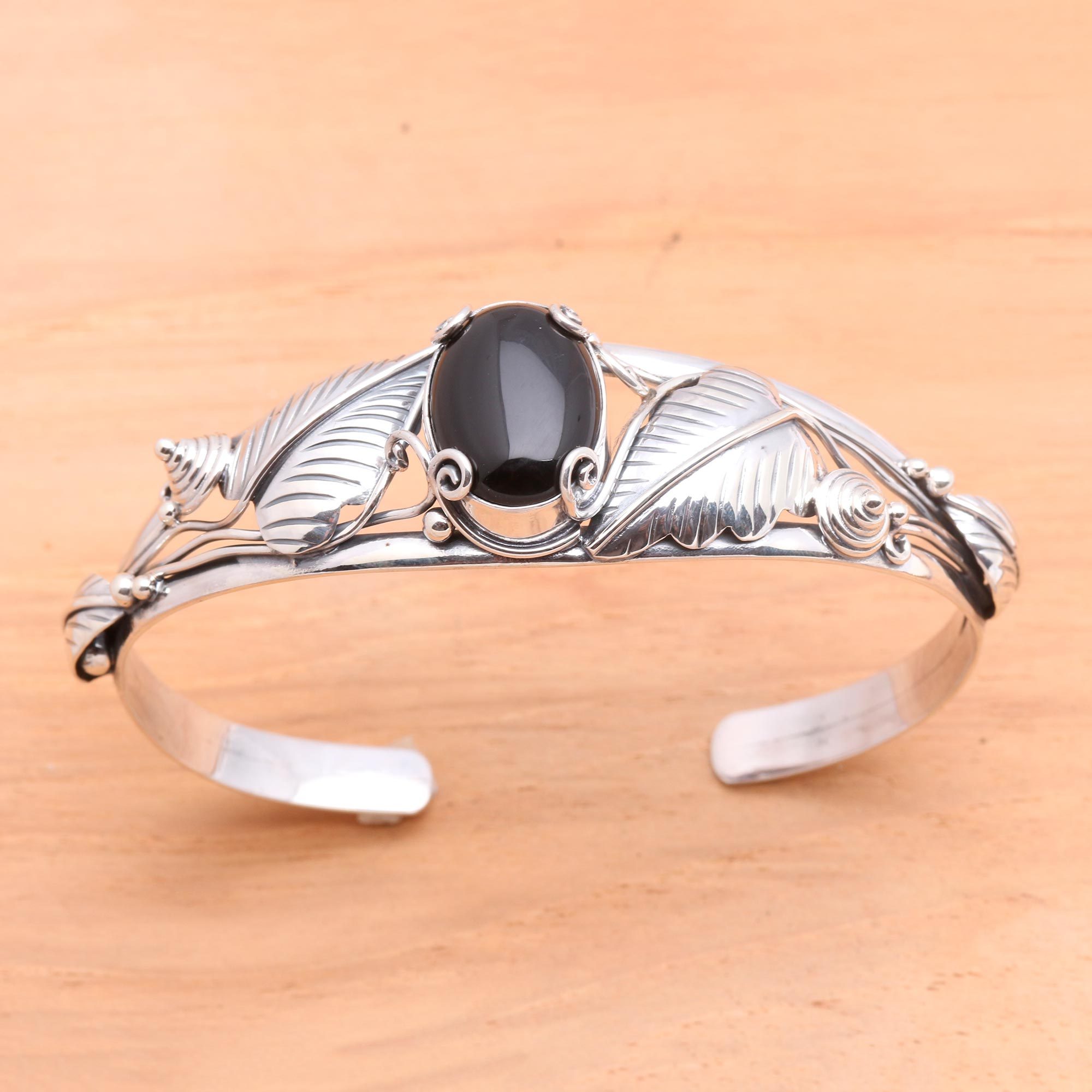 Floral Onyx Sterling Silver Cuff Bracelet Black Lily NOVICA