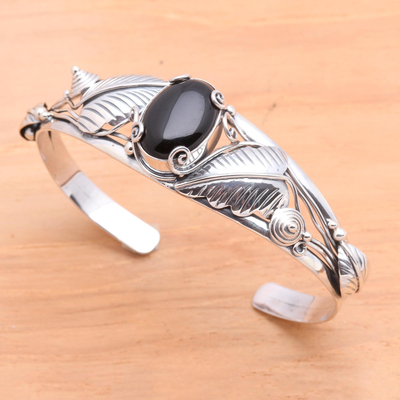 Onyx-Armband - Manschettenarmband aus floralem Onyx-Sterlingsilber