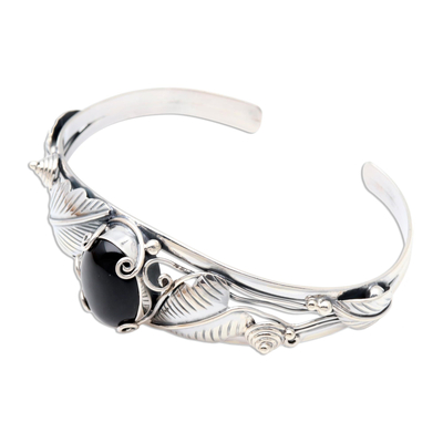 Onyx-Armband - Manschettenarmband aus floralem Onyx-Sterlingsilber