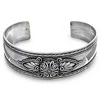 Sterling silver cuff bracelet, 'Silver Lotus' - Floral Sterling Silver Cuff Bracelet