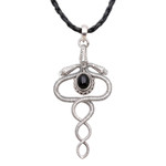 Onyx pendant necklace, 'Twin Serpents' - Sterling Silver and Onyx Snake Necklace from Indonesia