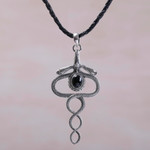 Onyx pendant necklace, 'Twin Serpents' - Sterling Silver and Onyx Snake Necklace from Indonesia