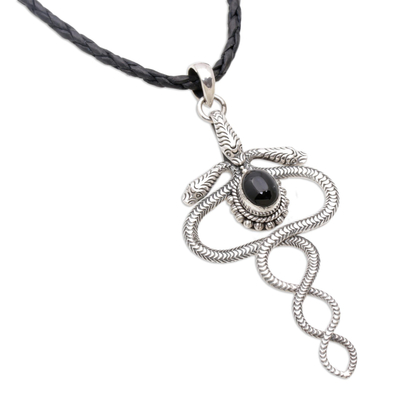 Onyx pendant necklace, 'Twin Serpents' - Sterling Silver and Onyx Snake Necklace from Indonesia