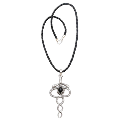 Onyx pendant necklace, 'Twin Serpents' - Sterling Silver and Onyx Snake Necklace from Indonesia