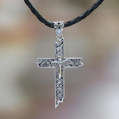 Leather cross necklace, 'Contemporary Cross' - Leather cross necklace