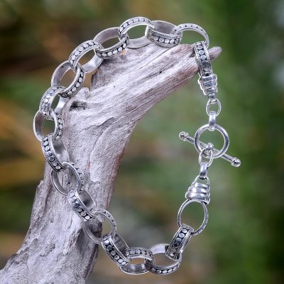 Men's sterling silver bracelet, 'Hand in Hand' - Men's Sterling Silver Link Bracelet