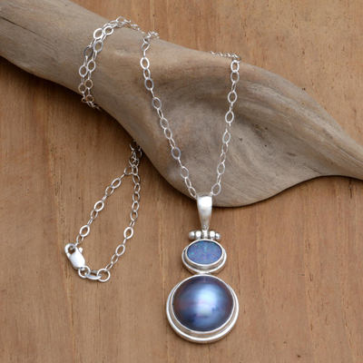 Cultured pearl and opal pendant necklace, 'Blue Ocean Dream' - Modern Sterling Silver and Pearl Pendant