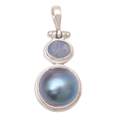 Cultured pearl and opal pendant necklace, 'Blue Ocean Dream' - Modern Sterling Silver and Cultured Pearl Pendant Necklace