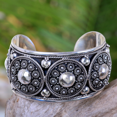 Sterling silver cuff bracelet, 'Modern Traditions' - Handmade Sterling Silver Cuff Bracelet with Floral Motifs