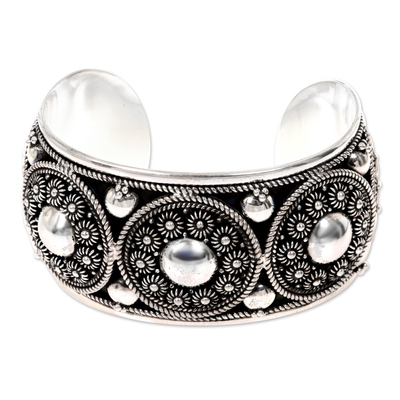 Sterling silver cuff bracelet, 'Modern Traditions' - Handmade Sterling Silver Cuff Bracelet with Floral Motifs
