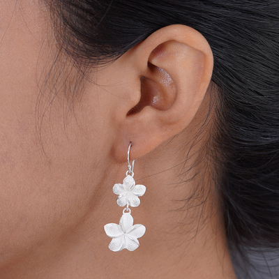 Earrings, 'Frangipani Twins' - Floral Sterling Silver Dangle Earrings