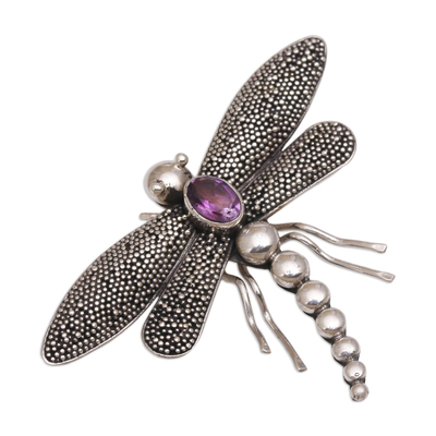Amethyst brooch pin, 'Enchanted Dragonfly' - Amethyst brooch pin