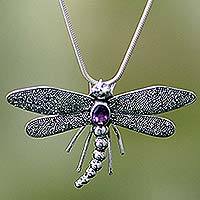 Amethyst pendant necklace, 'Enchanted Dragonfly' - Sterling Silver and Amethyst Pendant Necklace