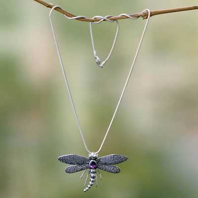 Amethyst pendant necklace, 'Enchanted Dragonfly' - Sterling Silver and Amethyst Pendant Necklace