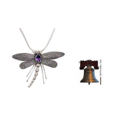 Amethyst pendant necklace, 'Enchanted Dragonfly' - Sterling Silver and Amethyst Pendant Necklace