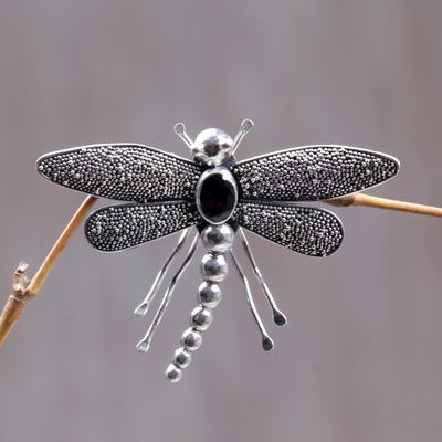 Garnet brooch pin, 'Enchanted Dragonfly' - Sterling Silver Garnet Dragonfly Brooch Pin
