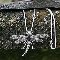 Garnet pendant necklace, 'Enchanted Dragonfly'